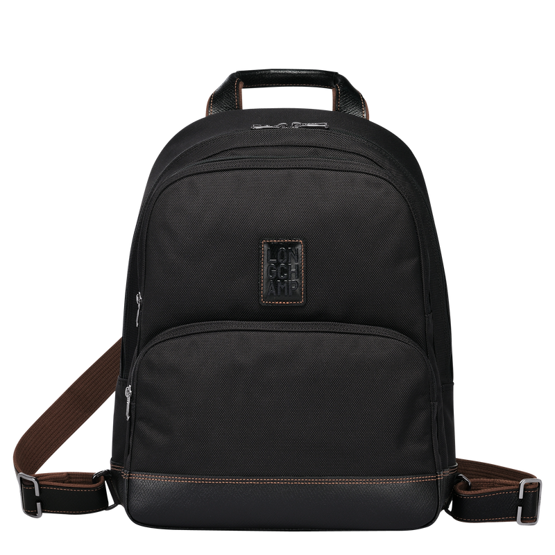 Longchamp Boxford Backpack in Black Canvas with black leather and brown stitching accents