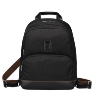 Longchamp Boxford Backpack in Black Canvas with black leather and brown stitching accents