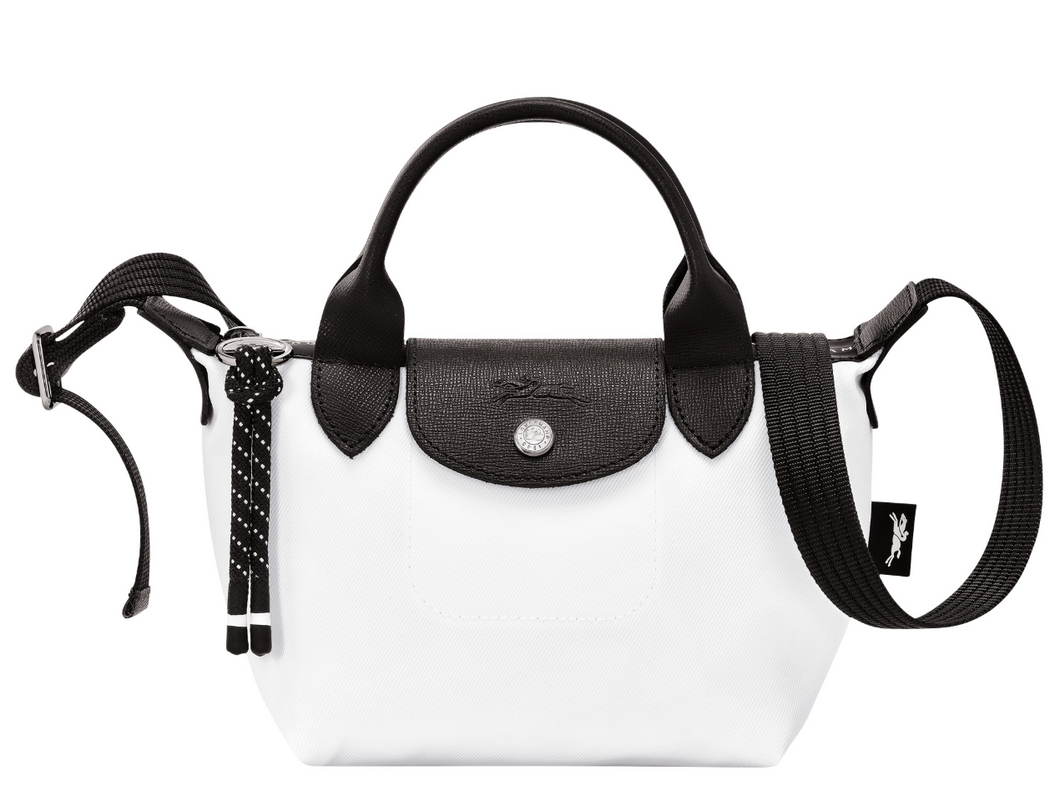 Longchamp Le Pliage Energy X-Small Top Handle Bag in White with black leather and silver hardware