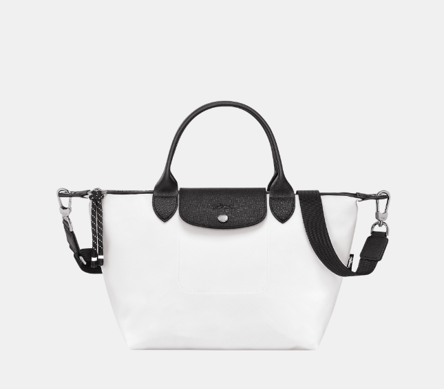 Longchamp Le Pliage Energy Recycled Canvas Top Handle Bag in white with Black leather and fabric straps and silver hardware