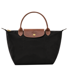 Load image into Gallery viewer, Longchamp Le Pliage Original Top Handle Handbag size Small in black with brown leather trimming
