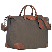 Load image into Gallery viewer, Longchamp Boxford Travel Bag Large in Brown side view showing green-brown fabric and brown leather 
