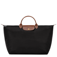 Longchamp Le Pliage Original Large Luggage Travel Bag - Black with leather handle and center flap