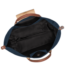 Load image into Gallery viewer, Longchamp Le Pliage Original Large Luggage Travel Bag navy open to show black interior and small pockets 
