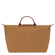 Load image into Gallery viewer, Longchamp Le Pliage Original Large Luggage Travel Bag in fawn - back view showing center snap used when bag is folded 
