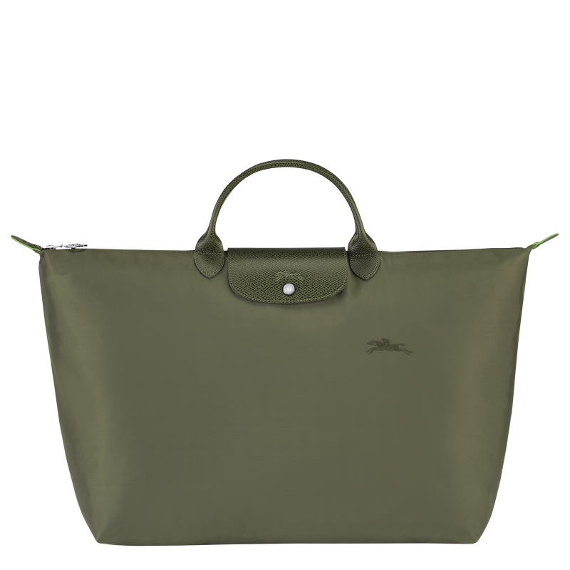Longchamp Le Pliage Green/Recycled Large Fabric Travel Bag in Forest with green leather