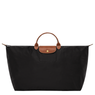 Longchamp Le Pliage Original X-Large Travel Bag in black with brown leather trimming and center handles