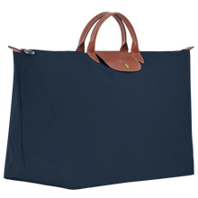 Load image into Gallery viewer, Longchamp Le Pliage Original X-Large Travel Bag in navy with brown leather trimming and center handles side view to show dimensions 
