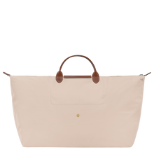 Load image into Gallery viewer, Longchamp Le Pliage Original X-Large Travel Bag in paper with brown leather trimming and center handles back view showing snap used to fold the bag

