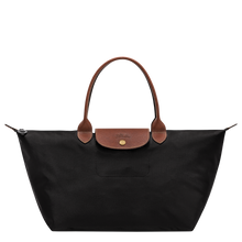 Load image into Gallery viewer, Longchamp Le Pliage Original L Top Handle Bag in black with brown leather handles and flap

