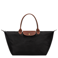 Longchamp Le Pliage Original L Top Handle Bag in black with brown leather handles and flap