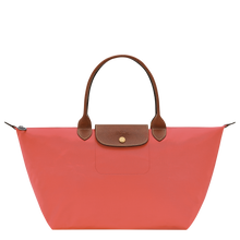 Load image into Gallery viewer, Longchamp Le Pliage Original L Top Handle Bag in pink with brown leather handles and flap
