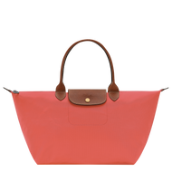 Longchamp Le Pliage Original L Top Handle Bag in pink with brown leather handles and flap