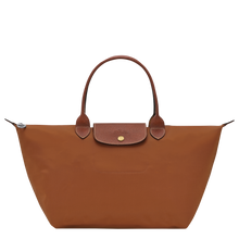 Load image into Gallery viewer, Longchamp Le Pliage Original L Top Handle Bag with brown leather handles and flap
