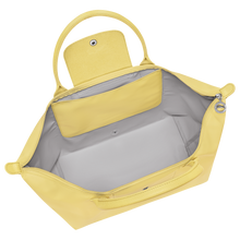 Load image into Gallery viewer, Longchamp Le Pliage One L Top handle Bag Handbag line yellow with matching leather handles and a center flap  open to show white interior
