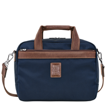 Load image into Gallery viewer, Longchamp Boxford Small Travel Bag in Blue with brown leather strap and handles and silver hardware 
