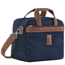 Load image into Gallery viewer, Longchamp Boxford Small Travel Bag in Blue with brown leather strap and handles and silver hardware 
