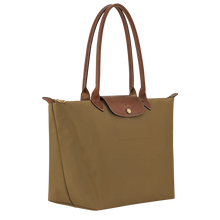 Load image into Gallery viewer, Olive colored Le Pliage Original shoulder bag with leather accents and gold hardware side view to show width
