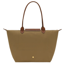 Load image into Gallery viewer, Longchamp Le Pliage Original Large Shoulder Tote Bag in the color olive with brown leather handles and flap and gold hardware back of the purse with the gold snap near the bottom center of the back
