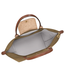 Load image into Gallery viewer, Longchamp Le Pliage Original Large Shoulder Tote Bag in the color olive open to show white interior

