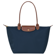 Load image into Gallery viewer, Longchamp Le Pliage Original Large Shoulder Tote Bag in the color navy with brown leather handles and flap and gold hardware 
