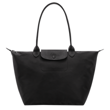 Load image into Gallery viewer, Longchamp Le Pliage One L Shoulder Bag Handbag black bag with matching black leather stripes and shoulder handles
