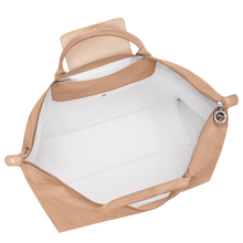 Load image into Gallery viewer, Longchamp Le Pliage One L Shoulder Bag Handbag beige bag with matching beige  leather stripes and shoulder handles open to show white interior
