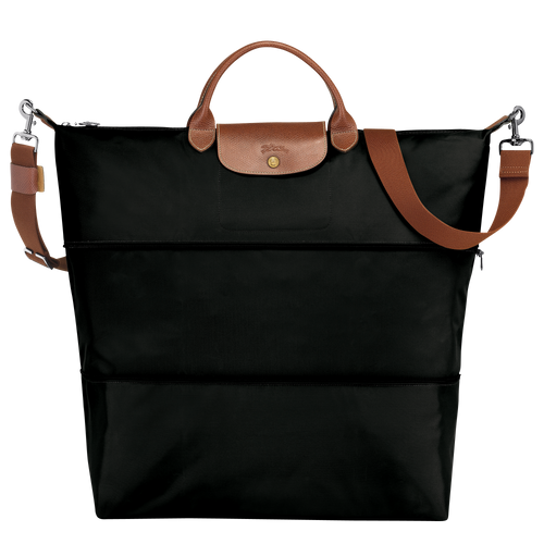 Longchamp Le Pliage Original Travel Bag Expandable in color Black with leather accents  expanded to full size