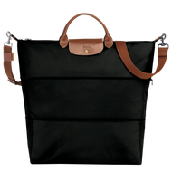 Longchamp Le Pliage Original Travel Bag Expandable in color Black with leather accents  expanded to full size