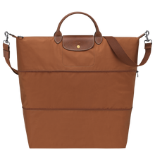 Load image into Gallery viewer, Longchamp Le Pliage Green Travel Bag Expandable in Cognac canvas and brown leather accents
