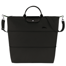 Load image into Gallery viewer, Longchamp Le Pliage Green/Recycled Canvas Travel Bag Expandable  in Black with black leather and silver hardware. Bag is fully expanded  
