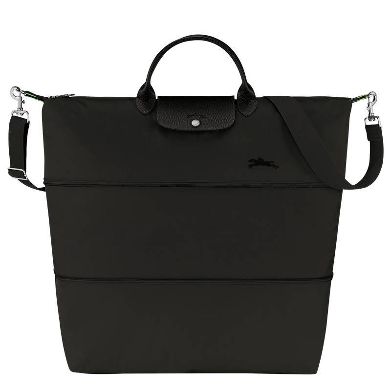 Longchamp Le Pliage Green/Recycled Canvas Travel Bag Expandable  in Black with black leather and silver hardware. Bag is fully expanded  