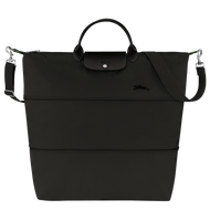 Longchamp Le Pliage Green/Recycled Canvas Travel Bag Expandable  in Black with black leather and silver hardware. Bag is fully expanded