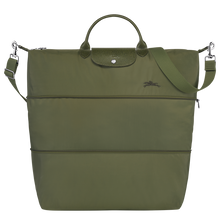 Load image into Gallery viewer, Longchamp Le Pliage Green/Recycled Canvas Travel Bag Expandable in Forest green with green leather and silver accents. Fully expanded
