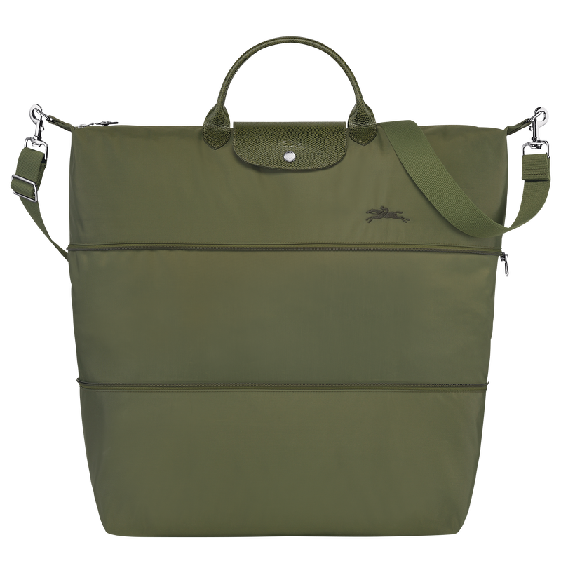 Longchamp Le Pliage Green/Recycled Canvas Travel Bag Expandable in Forest green with green leather and silver accents. Fully expanded