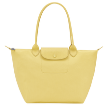 Load image into Gallery viewer, yellow bag with matching yellow leather center flap and shoulder straps
