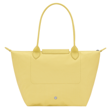 Load image into Gallery viewer, yellow bag with matching yellow leather center flap and shoulder straps back view
