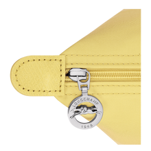 Load image into Gallery viewer, close up of silver zipper pull with longchamp logo

