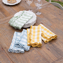 Load image into Gallery viewer, Juliska Gingham Ruffle Napkin in various colors on a table
