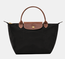 Load image into Gallery viewer, Longchamp Le Pliage Original Top Handle Handbag size Small in black with brown leather trimming

