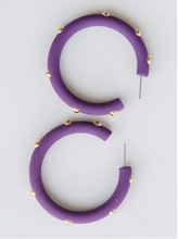 Load image into Gallery viewer, Purple hoop earrings with small gold studs, shown on a plain light background.
