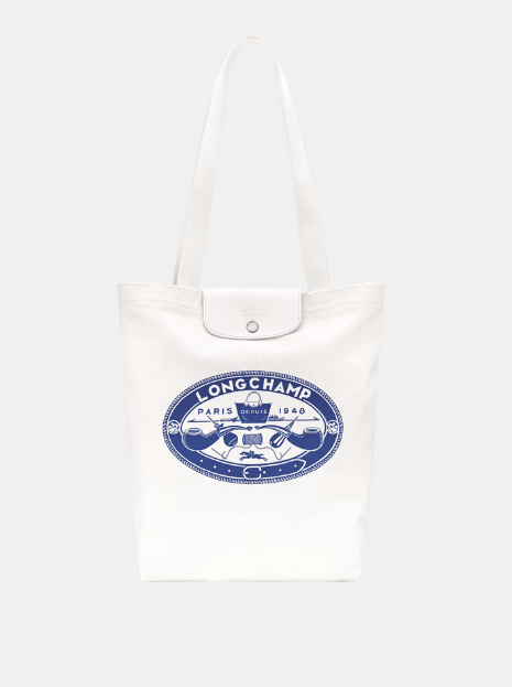 Longchamp Le Pliage Collection Medium Tote Bag in white Ecru with blue Longchamp graphic 