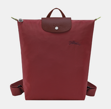 Load image into Gallery viewer, Longchamp Le Pliage Canvas Backpack size Medium in Pomegranate maroon with maroon leather trimming 
