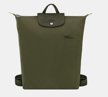 Load image into Gallery viewer, Longchamp Le Pliage Canvas Backpack size Medium in forest green with green leather trimming 
