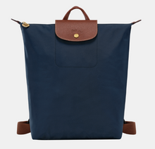 Load image into Gallery viewer, Longchamp Le Pliage Original Backpack in navy with brown leather trimming
