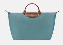 Load image into Gallery viewer, Longchamp Le Pliage Original Large Luggage Travel Bag in blue/green with brown leather trimming
