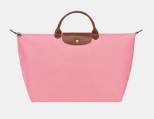 Load image into Gallery viewer, Longchamp Le Pliage Original Large Luggage Travel Bag in pink with brown leather trimming
