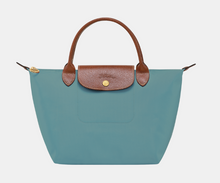 Load image into Gallery viewer, Longchamp Le Pliage Original Top Handle Handbag size Small in blue green with brown leather trimming
