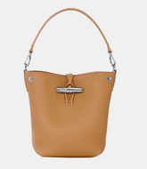 Tan Longchamp Le Roseau Crossbody X-Small Bucket Bag with silver color hardware