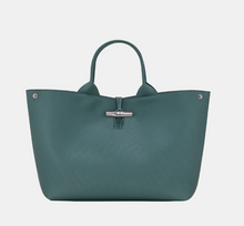 Load image into Gallery viewer, Blue-Green Longchamp Le Roseau Top Handle Large Handbag  with silver hardware
